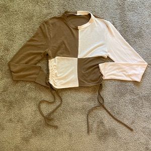 Brown & White Ruched Tie Top